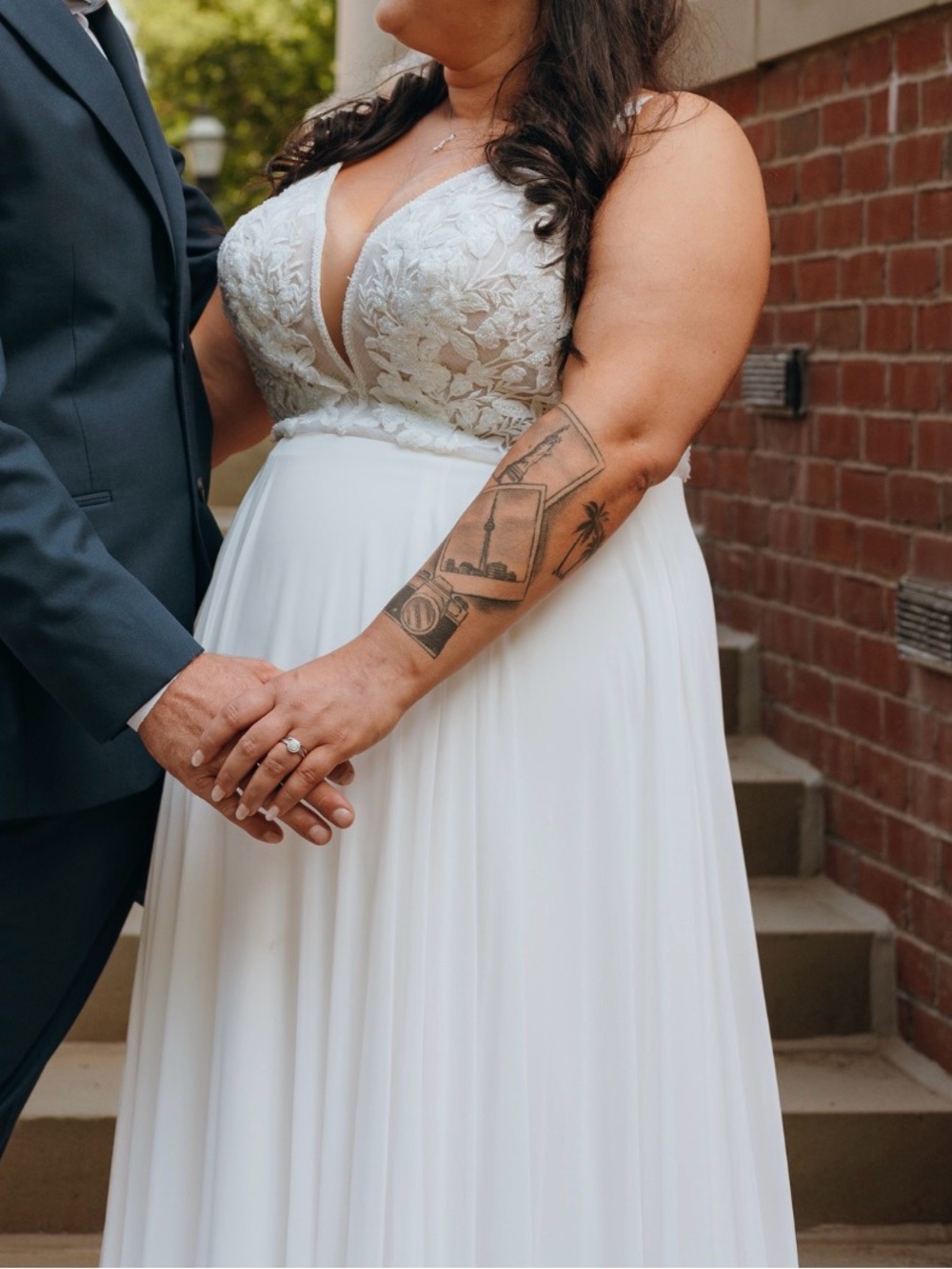 Stella York White Lace V-Plunge A-Line Wedding Dress